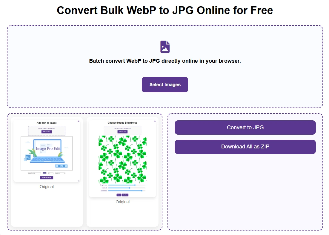 Free WebP to JPG bulk converter online tool interface.